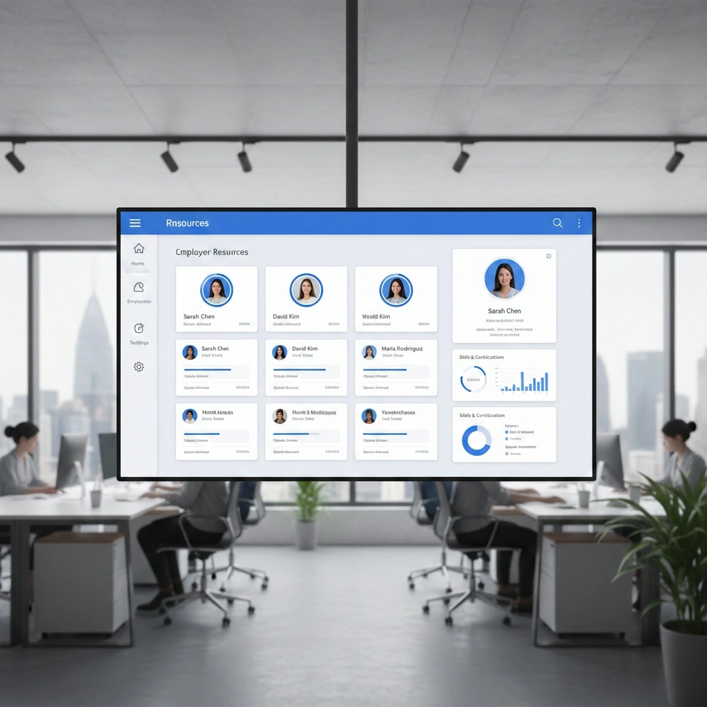 Modern digital illustration showing EO PIS employee personnel information system with connected data elements and professional design