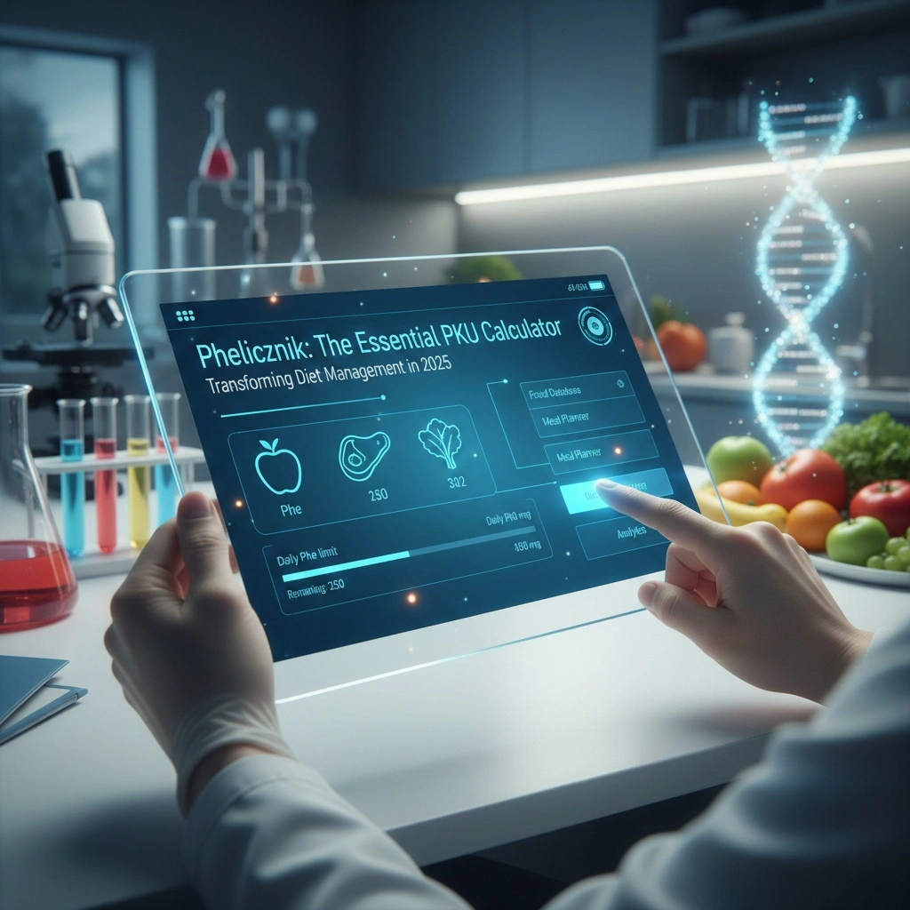 Phelicznik PKU calculator digital interface with phenylalanine tracking and diet management tools visualization