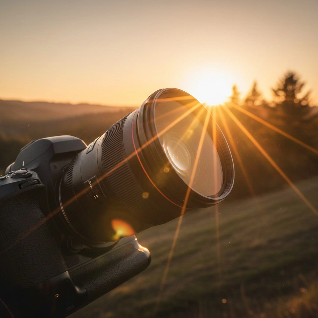 Abstract digital representation of Photeeq lens flare effects with colorful light rays and geometric patterns