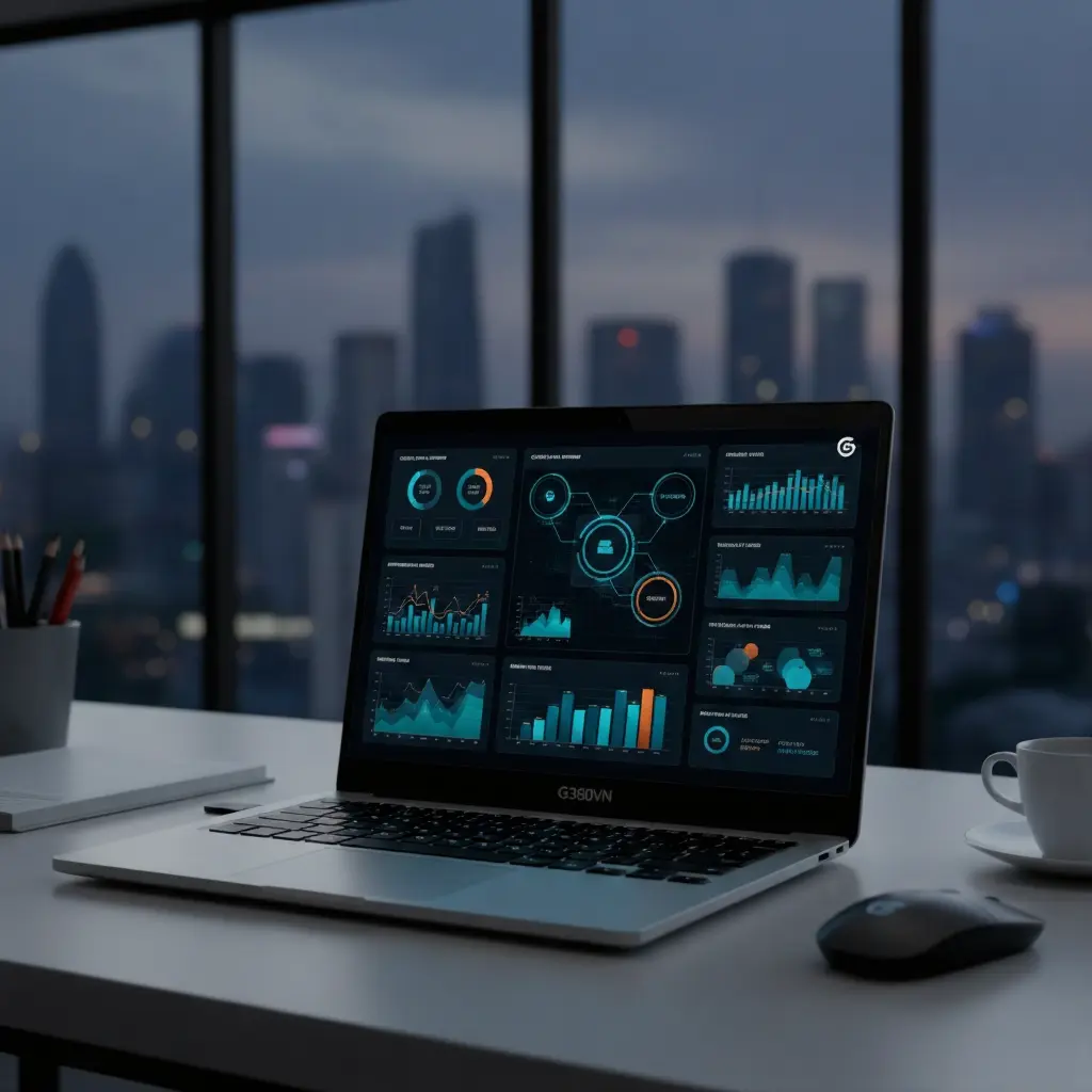 G360VN digital platform interface with flowing data streams and global network connections visualization