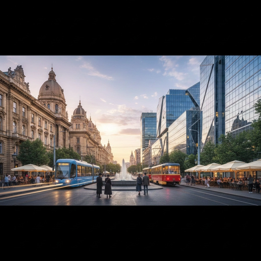 Abstract artistic view of маријин трг Belgrade square blending historic and modern architecture in golden light