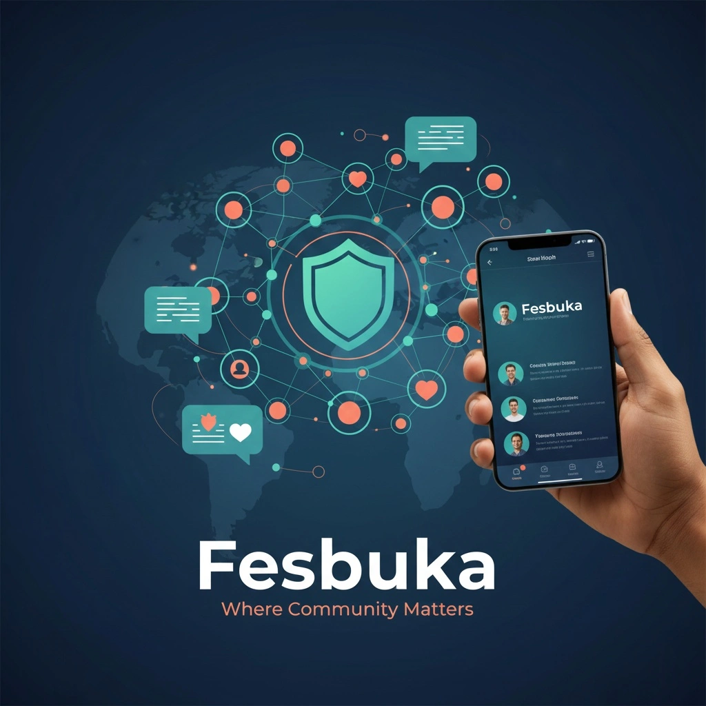 Fesbuka platform interface showing community groups, privacy features, and authentic social networking connections