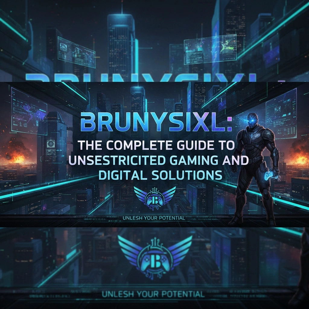 Brunysixl gaming platform digital illustration with abstract tech elements and productivity features
