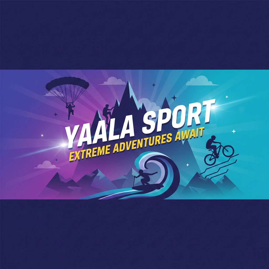 Yaala Sport extreme sports adventures featuring abstract athletes against vibrant gradient background with mountain and wave elements