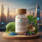 Abstract neural pathways and botanical elements representing Vyxarind Qylorith cognitive wellness benefits with purple-teal gradient