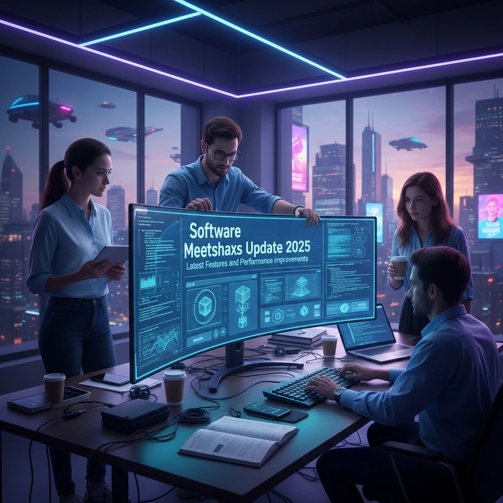 Software Meetshaxs update 2025 digital workspace with connected network nodes and collaboration features illustration