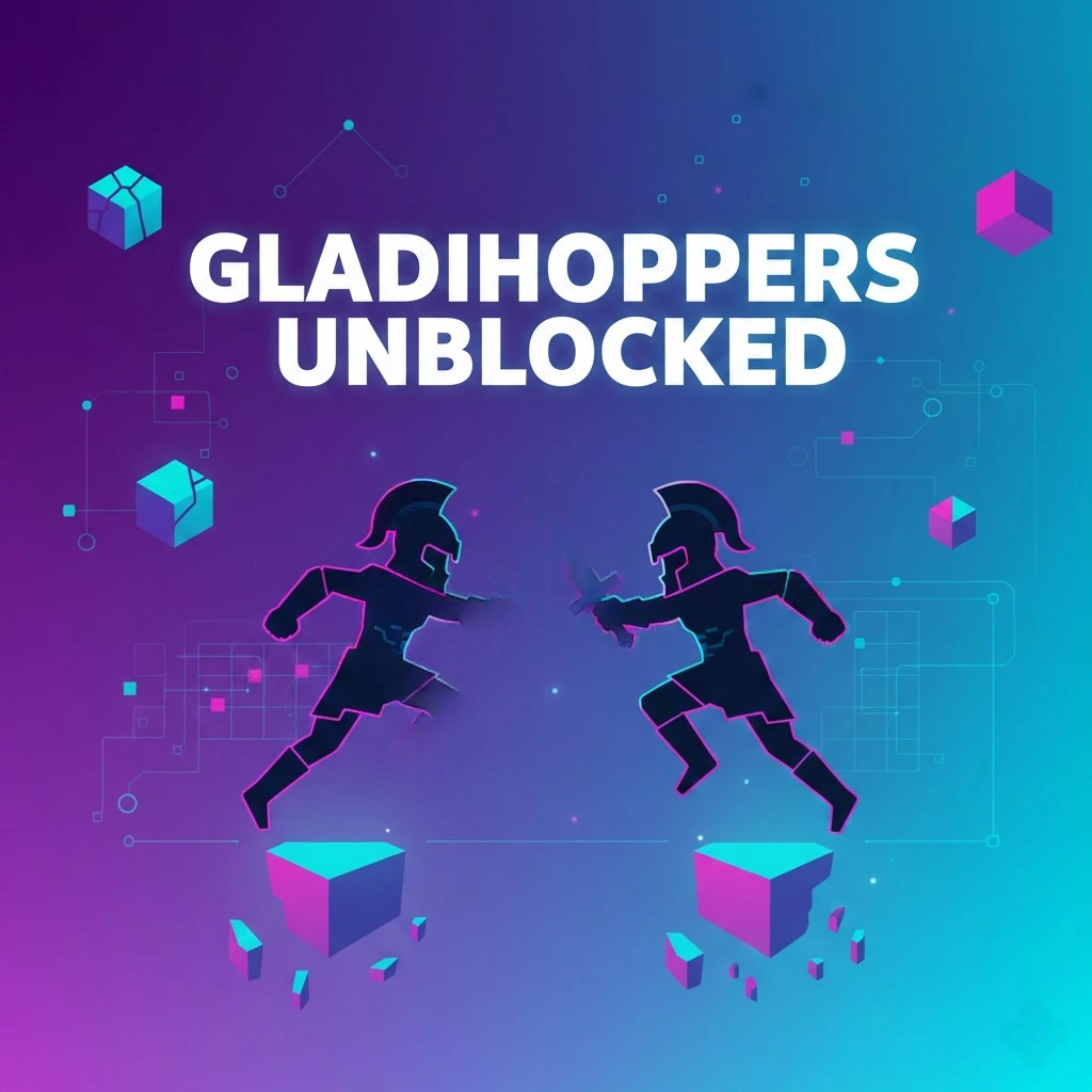 Gladihoppers Unblocked game featured image showing pixel art gladiators in arena combat with modern digital gaming elements