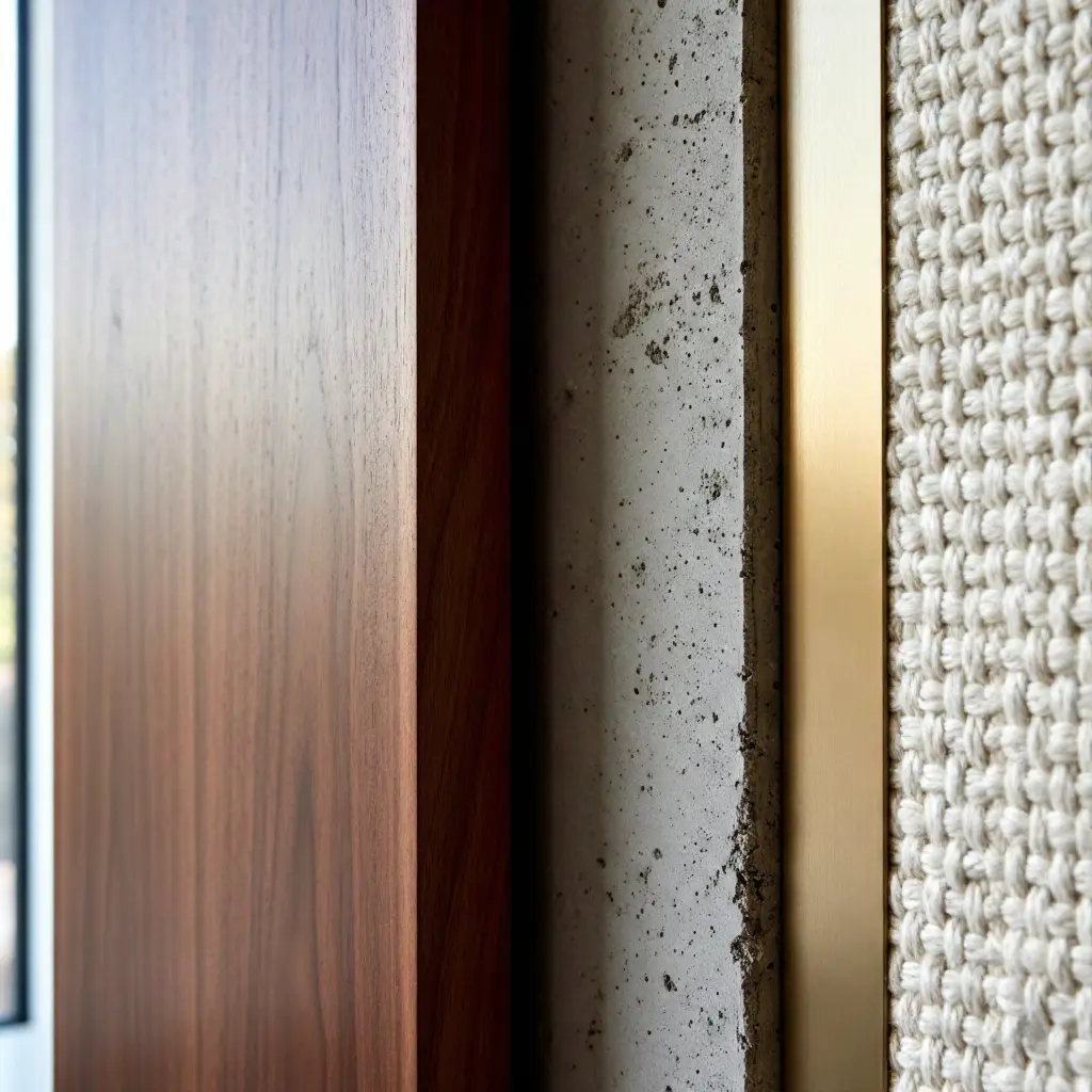 Acamento finishing concept showing transformation from raw materials to polished surfaces with gradient design elements