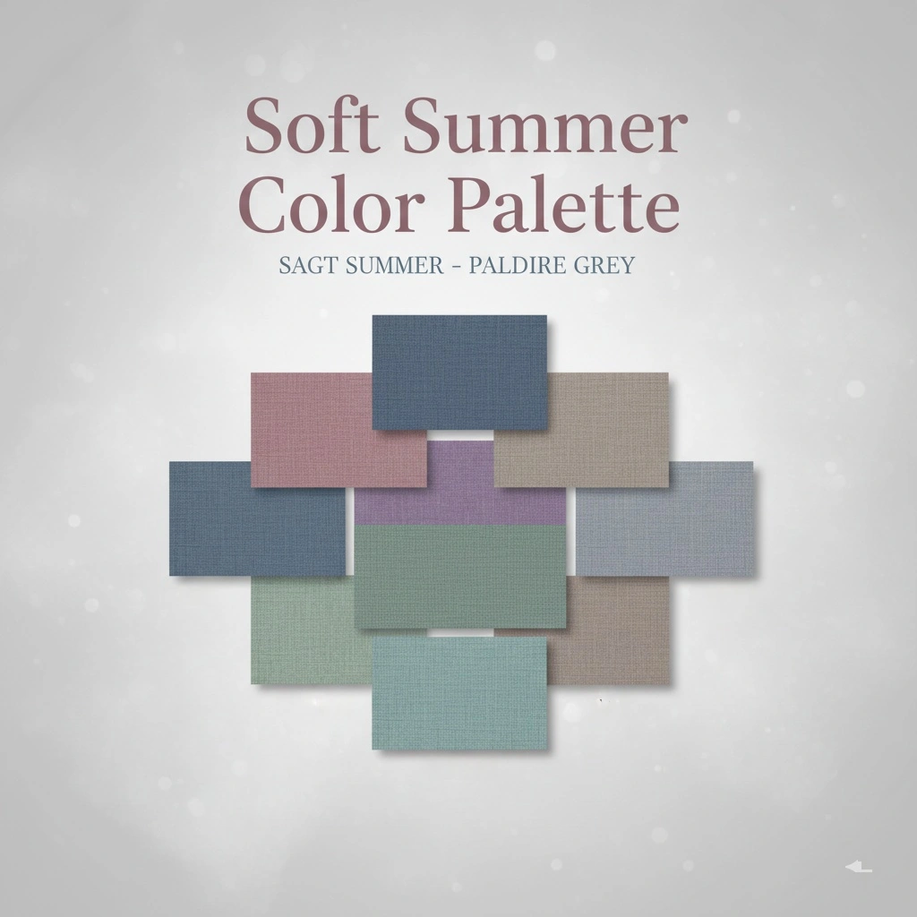 Soft summer color palette featuring dusty rose, slate blue, sage green, and soft grey swatches with elegant cool-toned beauty aesthetic