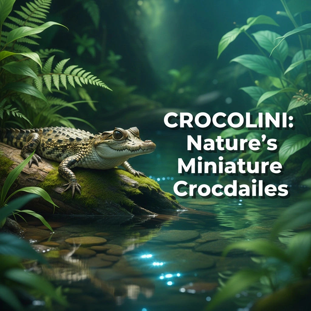 Crocolini miniature crocodile in natural freshwater habitat surrounded by tropical vegetation and moss-covered logs