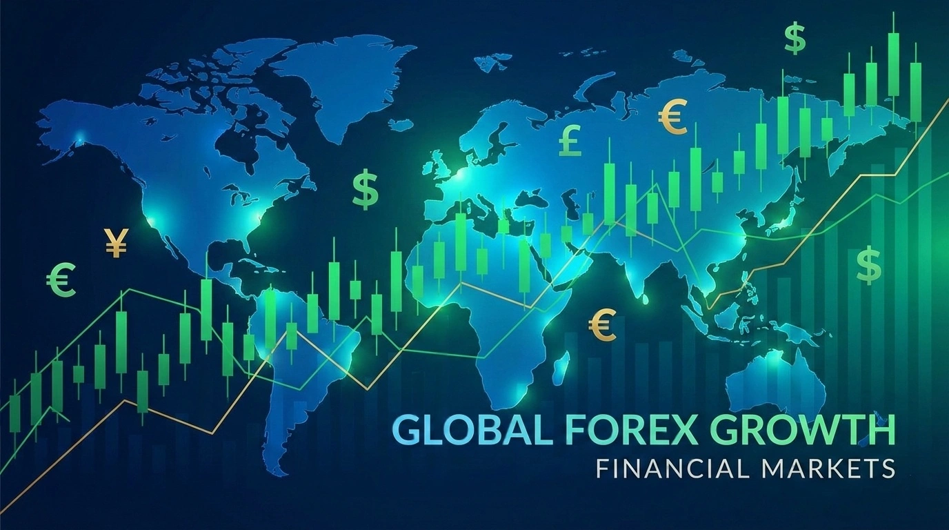 StartupBooted forex trading strategy visualization with currency symbols and business growth charts