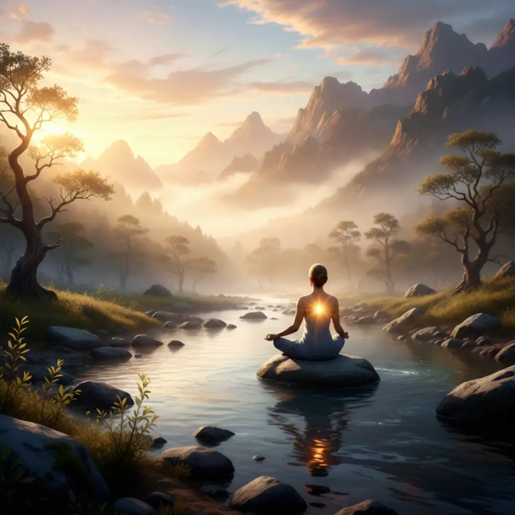 Abstract geometric illustration representing Antarvafna inner reflection and self-awareness journey with flowing blue gradients