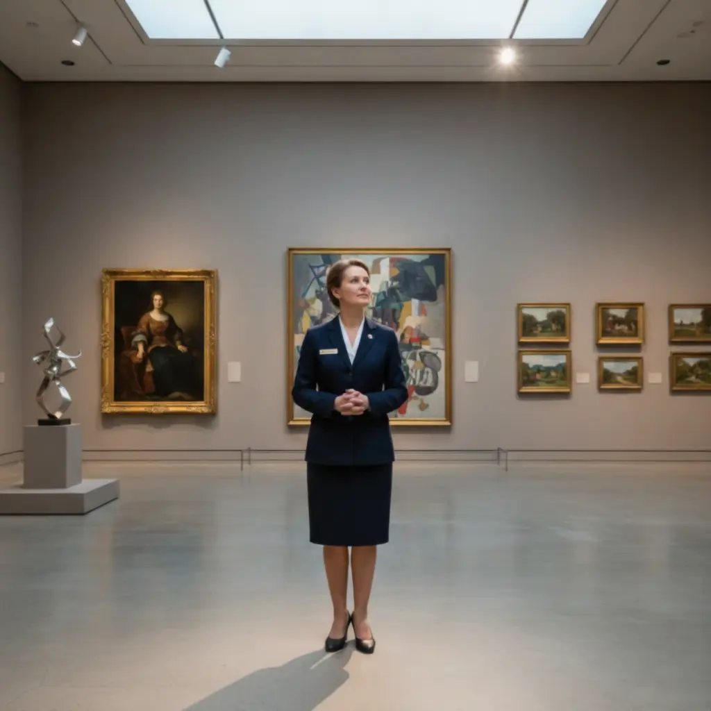 Professional museum attendant career guide featuring modern gallery architecture and cultural preservation elements