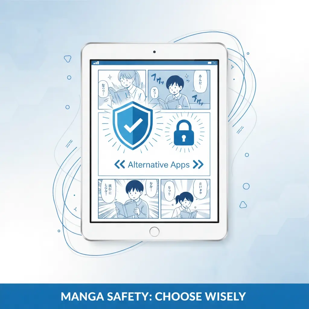 Digital illustration showing manga reader with security shield, representing safe versus risky manga reading platforms