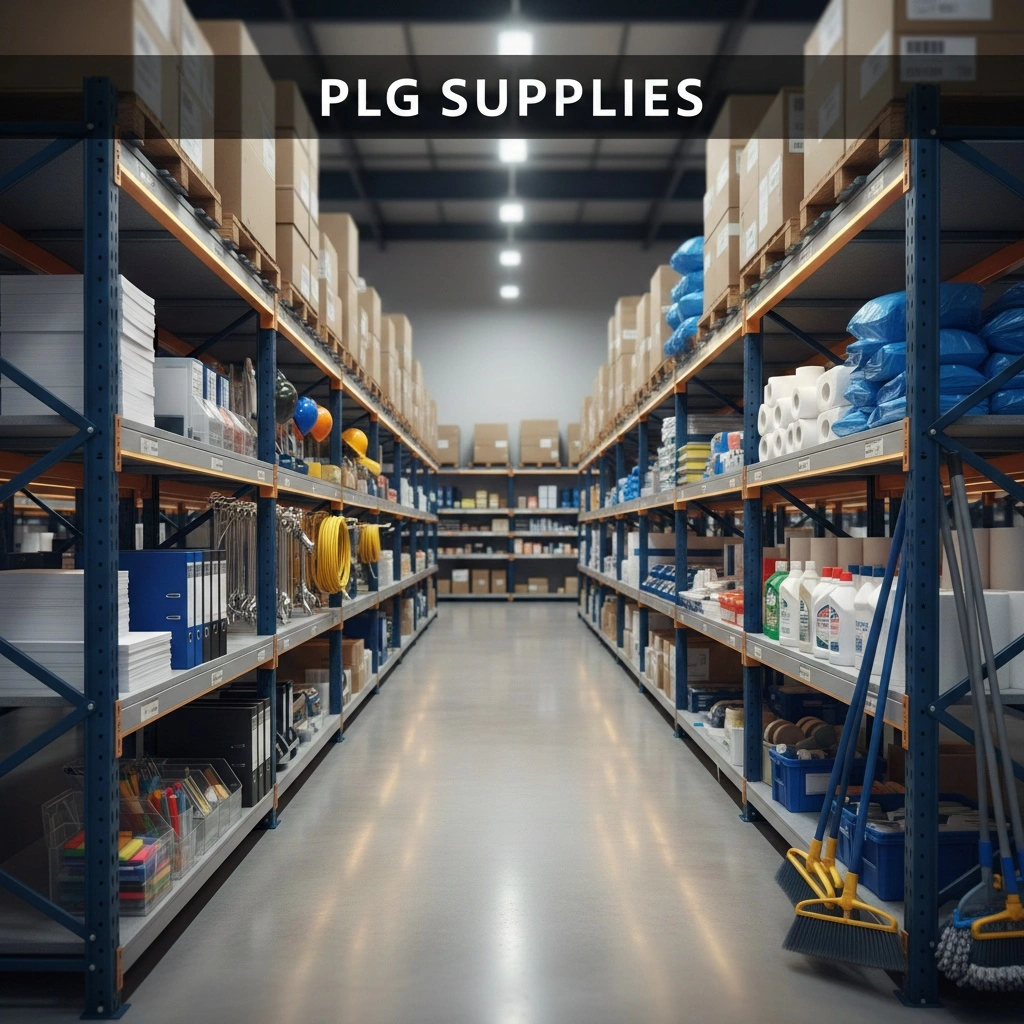 PLG supplies including office materials, safety equipment, and industrial tools organized on warehouse shelves for business procurement