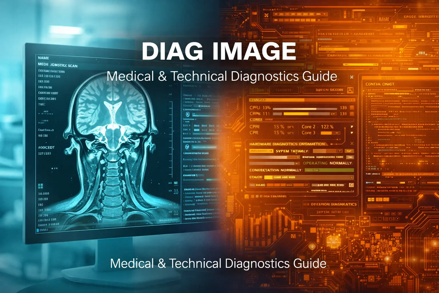 Diag image showing medical diagnostic imaging scan alongside technical diagnostic display for comprehensive diagnostics guide