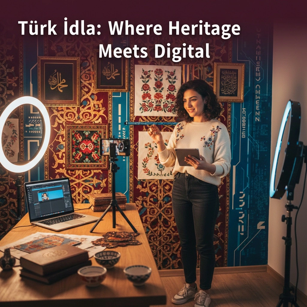 Türk İdla digital creator using smartphone to film content blending traditional Turkish patterns with modern social media aesthetics