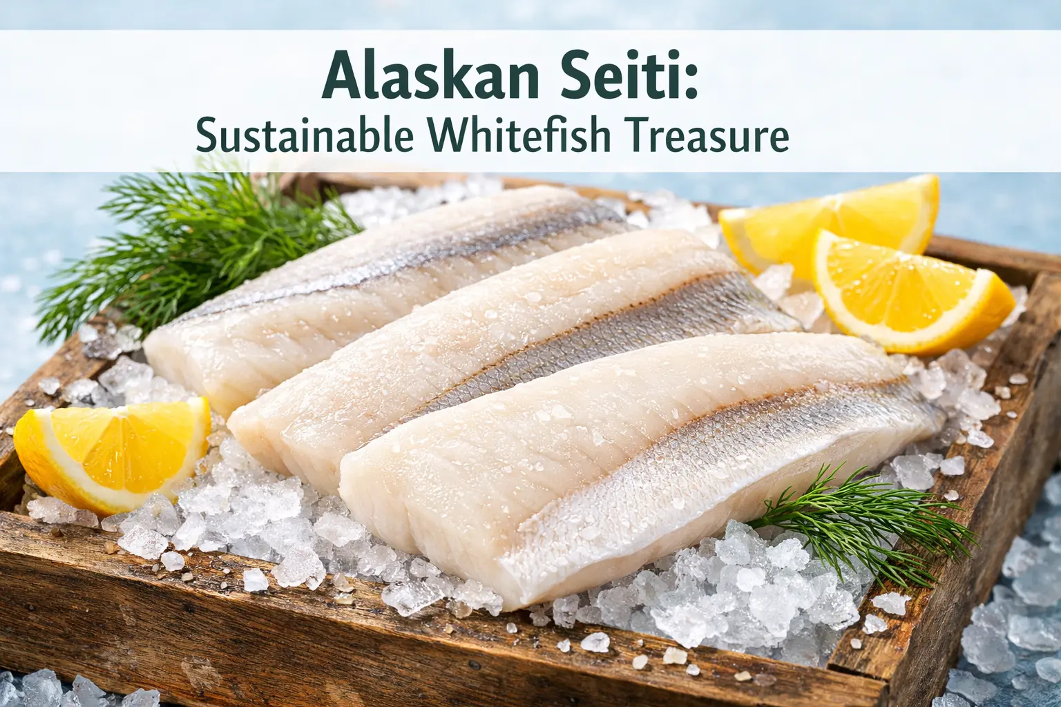 Fresh Alaskan Seiti (Alaska pollock) fillets displayed on ice with lemon slices and herbs, showcasing sustainable whitefish