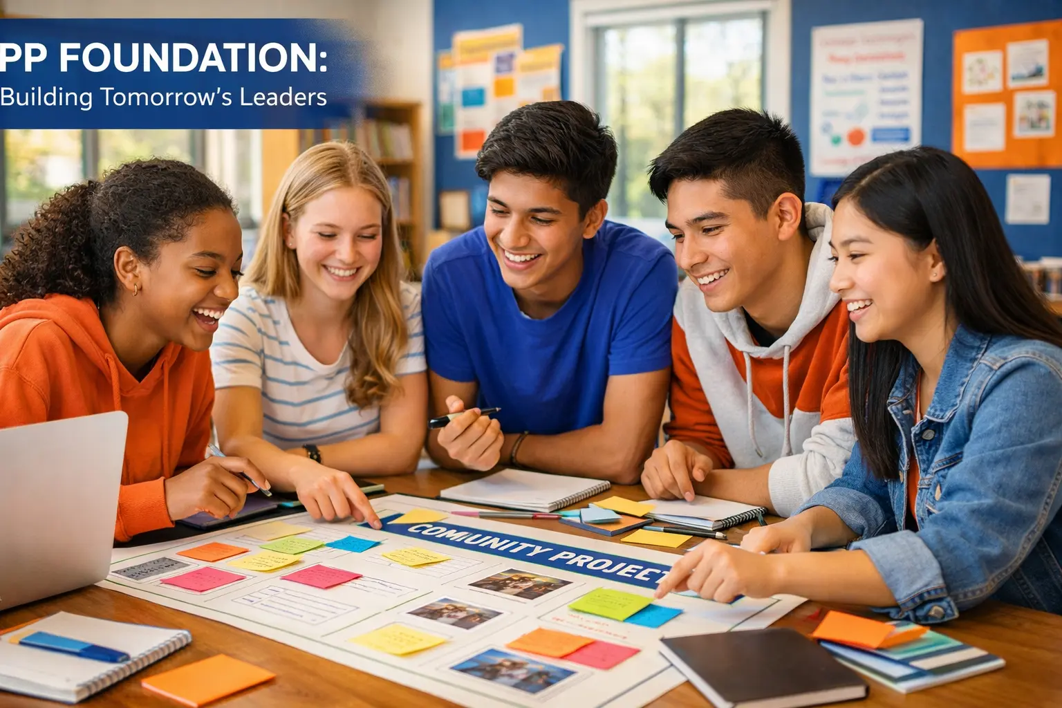 PP Foundation students collaborating on community project in bright modern learning center environment