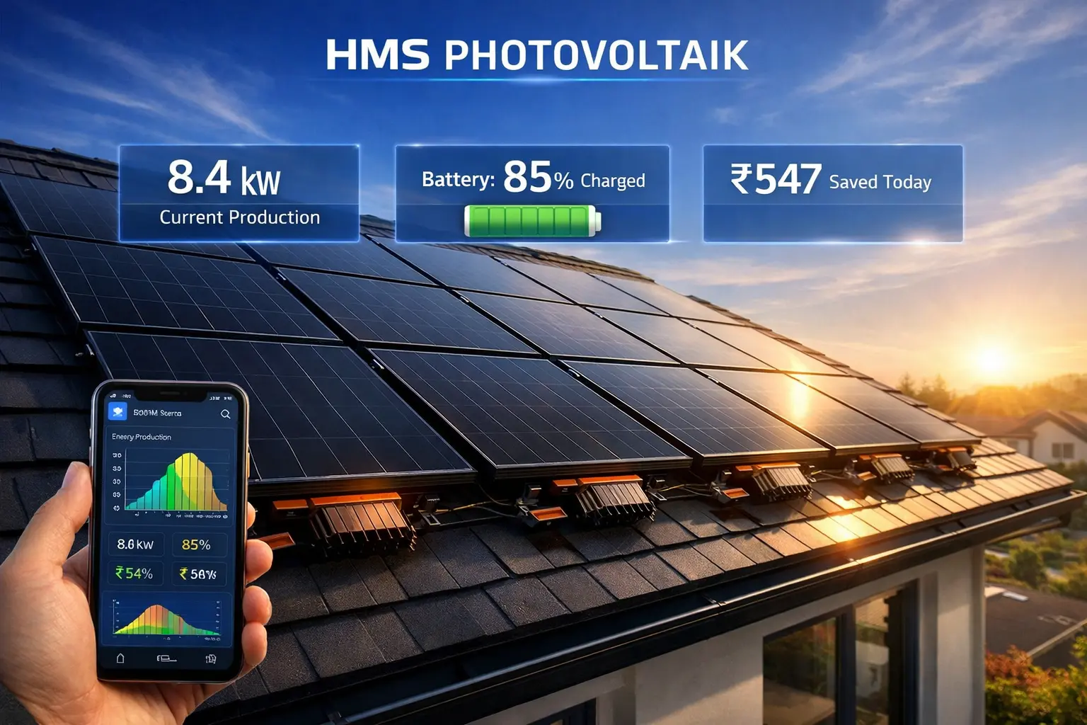 HMS Photovoltaik microinverter solar panels with smart monitoring displaying real-time energy production on modern residential rooftop
