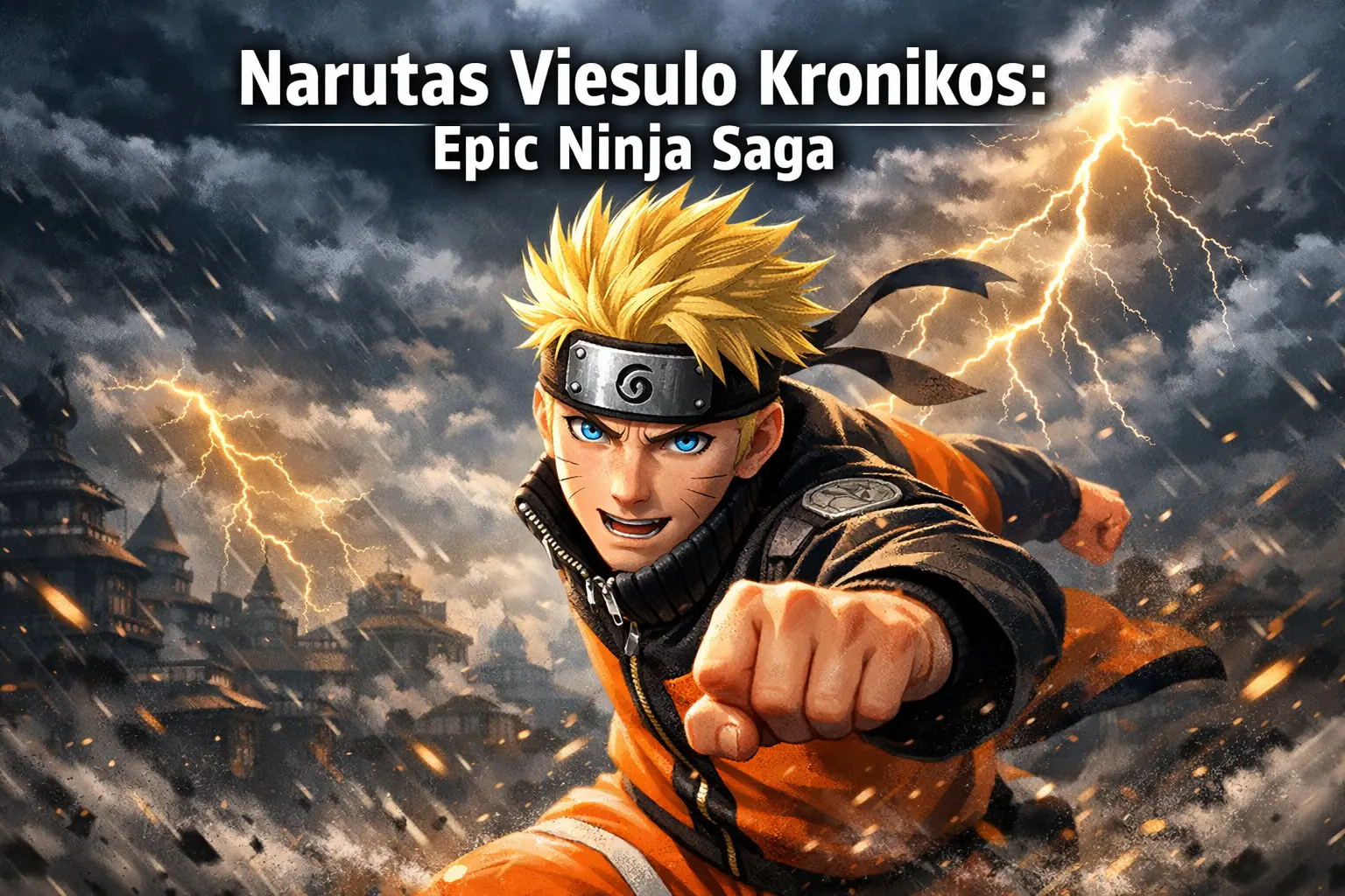 Narutas viesulo kronikos featuring Naruto Uzumaki in orange ninja outfit with Hidden Leaf headband against dramatic storm background