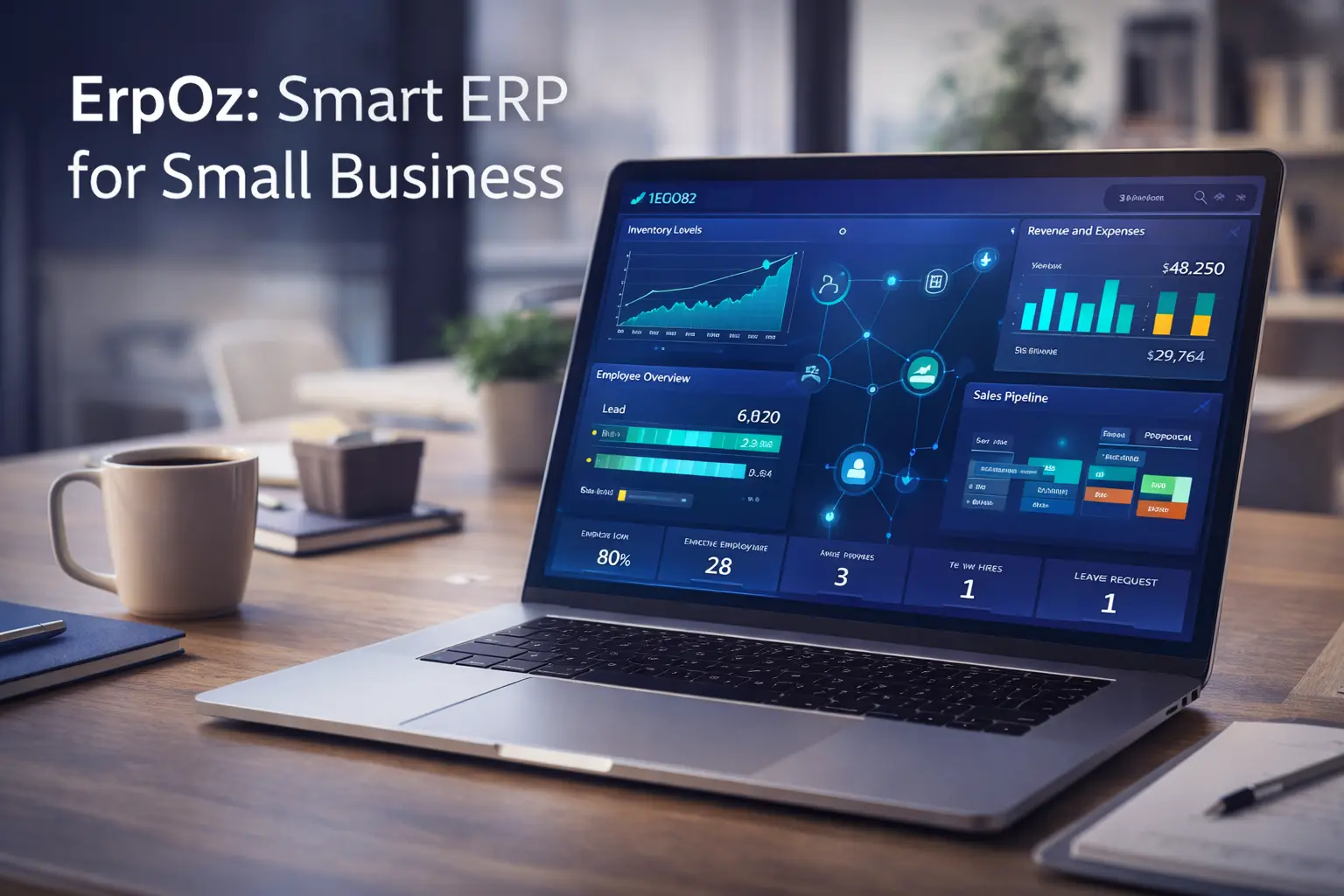 ErpOz cloud-based ERP software dashboard showing real-time inventory tracking, accounting reports, and sales analytics for small businesses