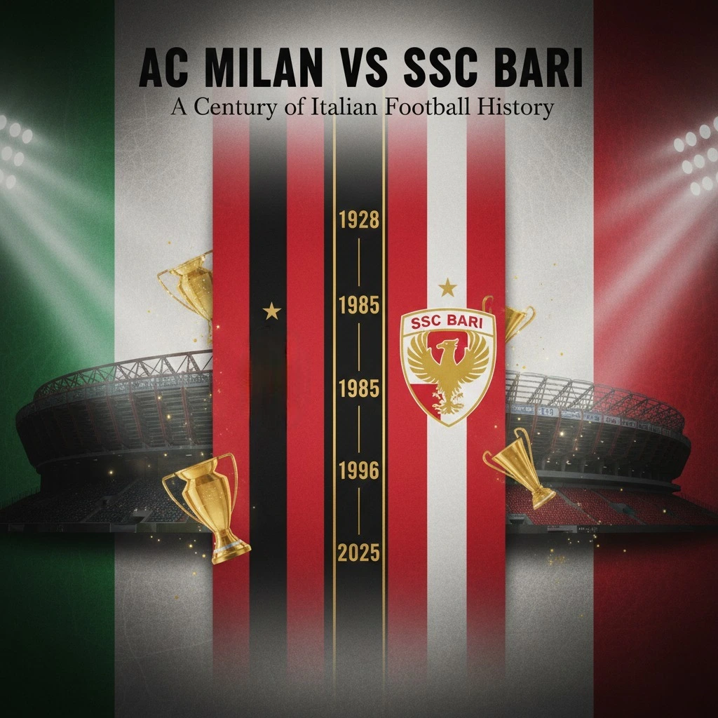 AC Milan vs SSC Bari timeline showing historic football rivalry moments from 1928 to 2025 with iconic stadium backgrounds