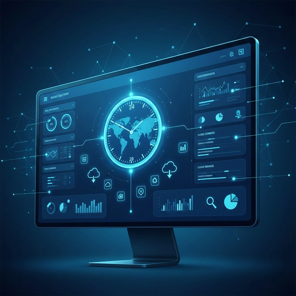 MSB247 digital platform interface showing 24/7 connectivity and cloud-based business solutions with modern technology elements