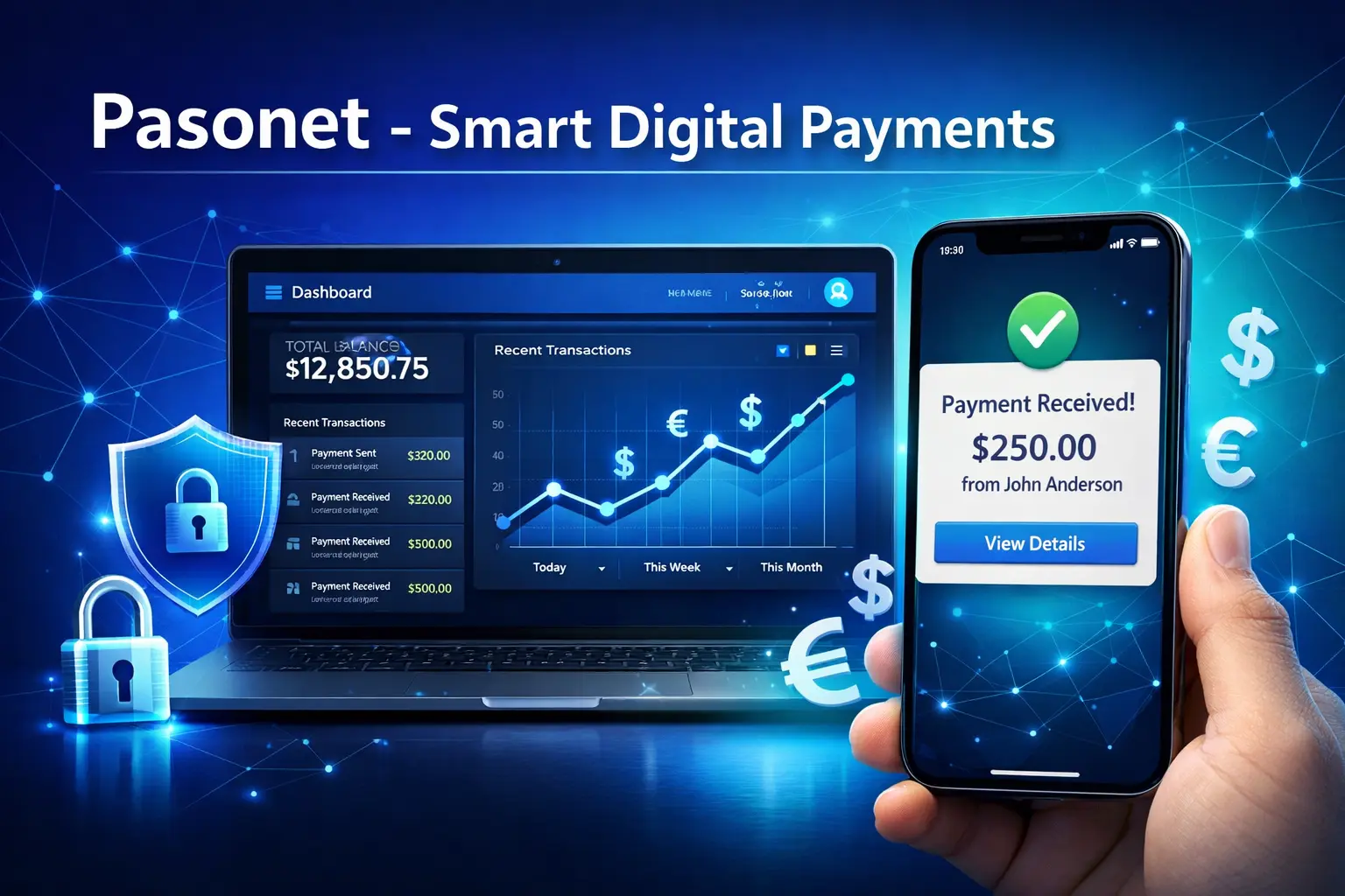 Pasonet secure digital payment and connectivity platform showing transaction dashboard with real-time analytics