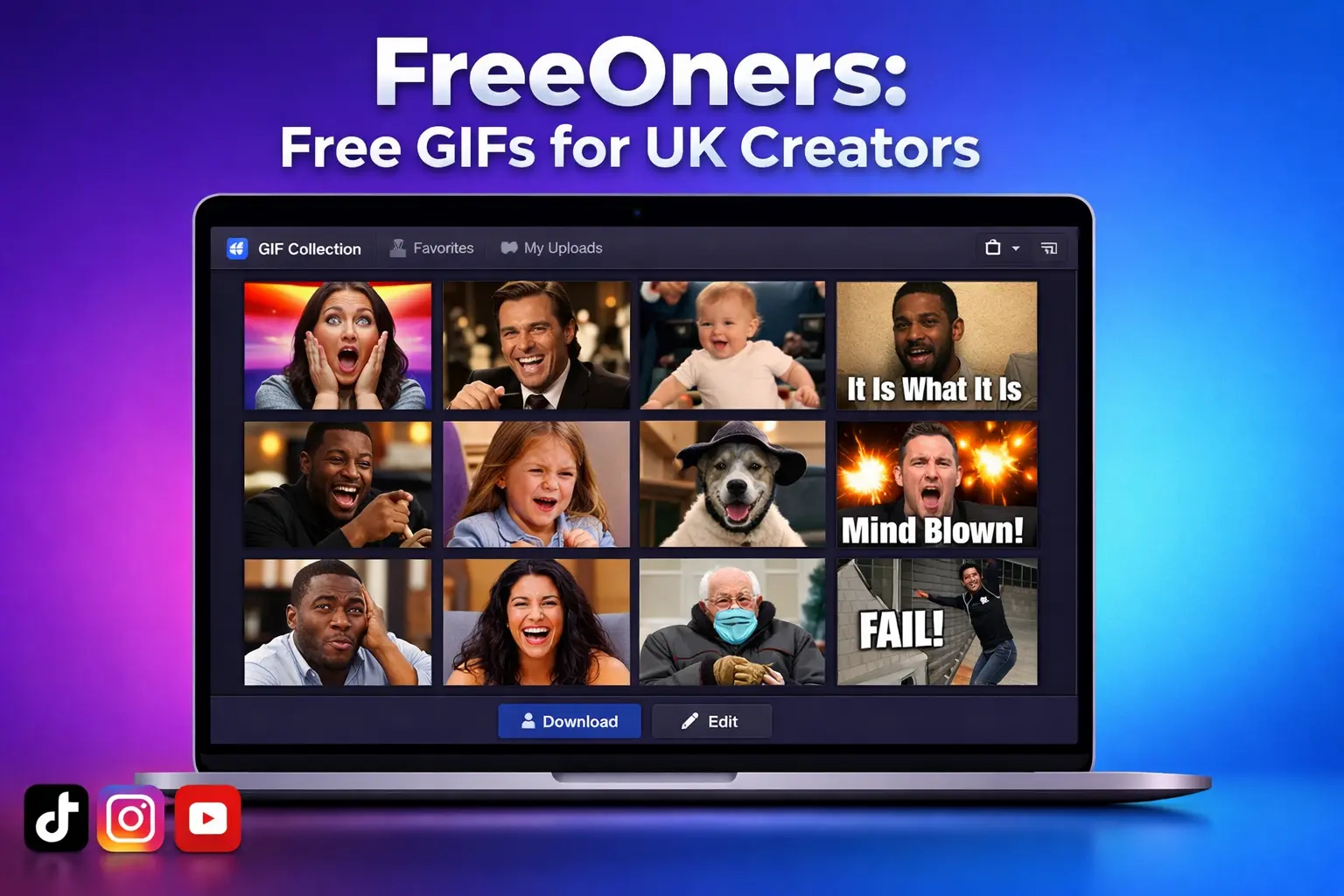 FreeOners GIF packs displayed with reaction clips, meme content, and video editing interface showing UK creator workflow
