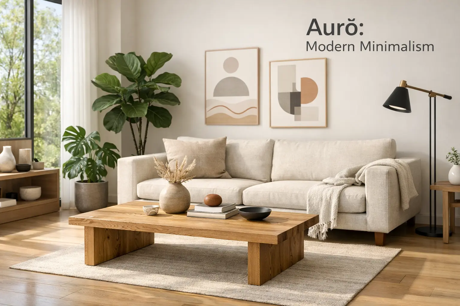 Aurö inspired minimalist Scandinavian interior with natural materials, clean lines, and sustainable design elements