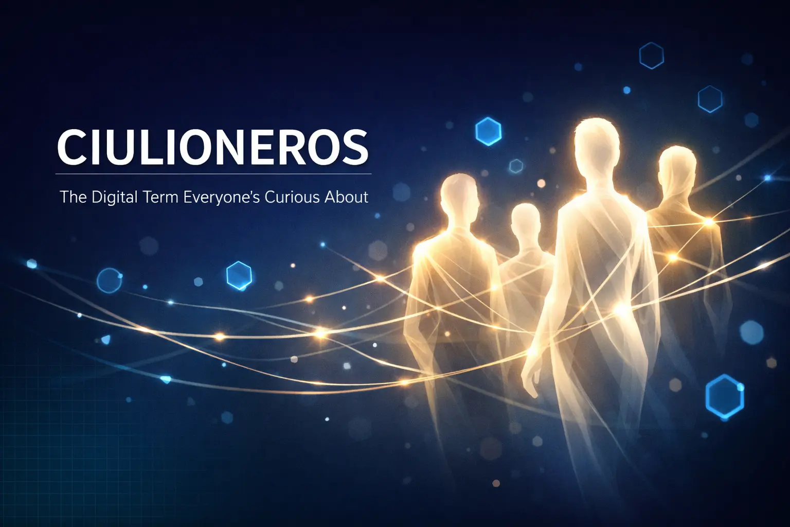 Ciulioneros digital neologism concept illustration showing abstract connected figures on a glowing network grid background representing online identity formation