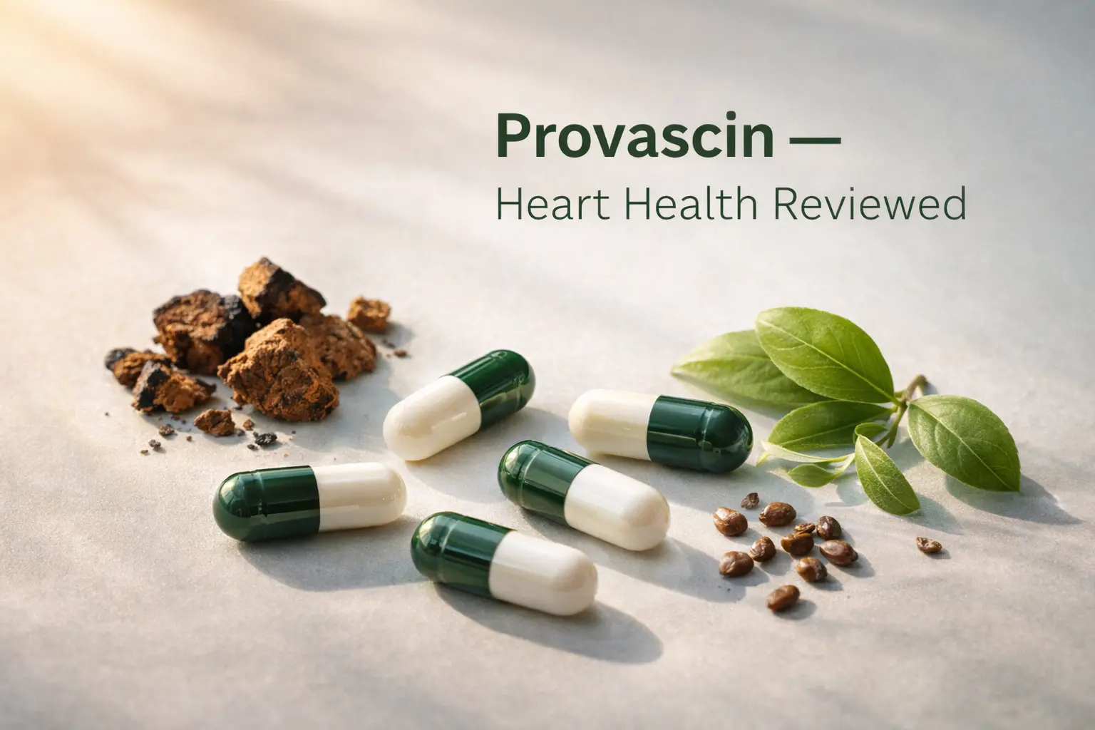Provascin heart health supplement capsules with CoQ10 and L-Carnitine shown on a clean white surface
