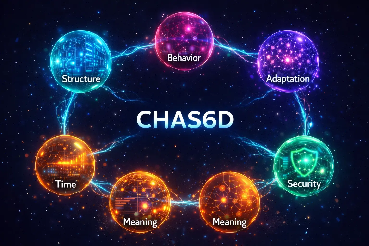 Chas6d 6D cybernetic system framework showing interconnected dimensions of structure behavior adaptation time meaning security