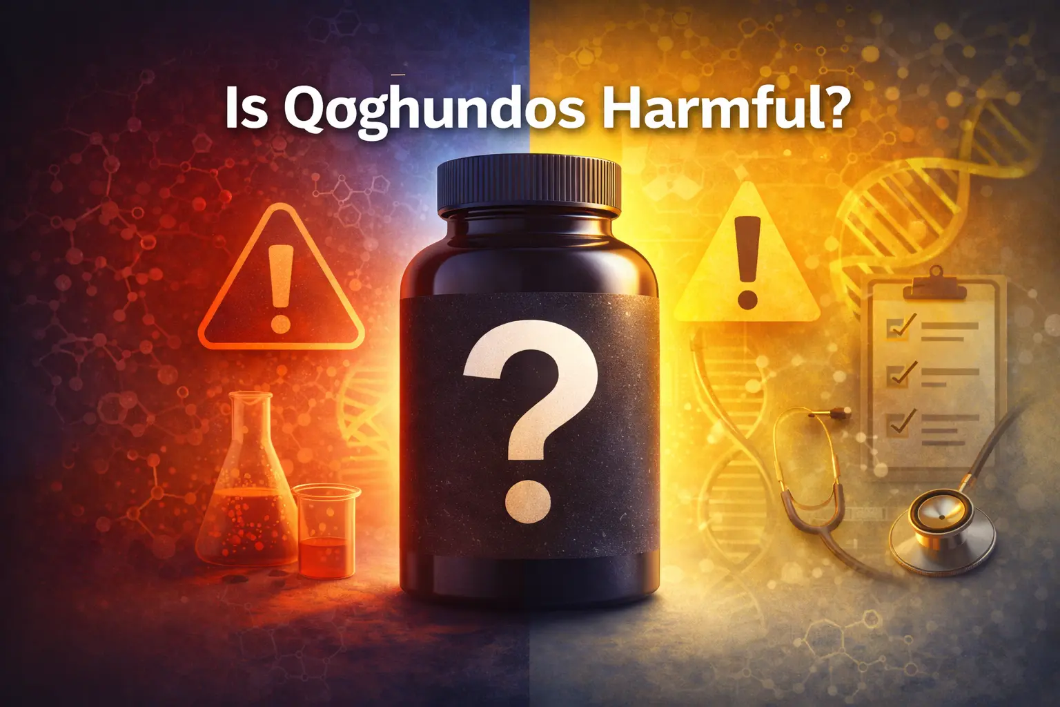 Is qoghundos harmful - Professional medical analysis showing supplement safety concerns and health risks with warning symbols