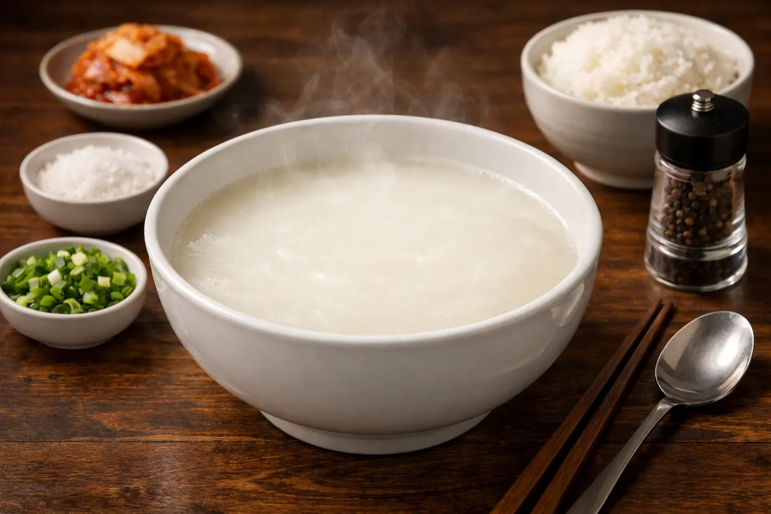 Gommeok Korean bone broth in white bowl with green onions, black pepper, and steamed rice on wooden table