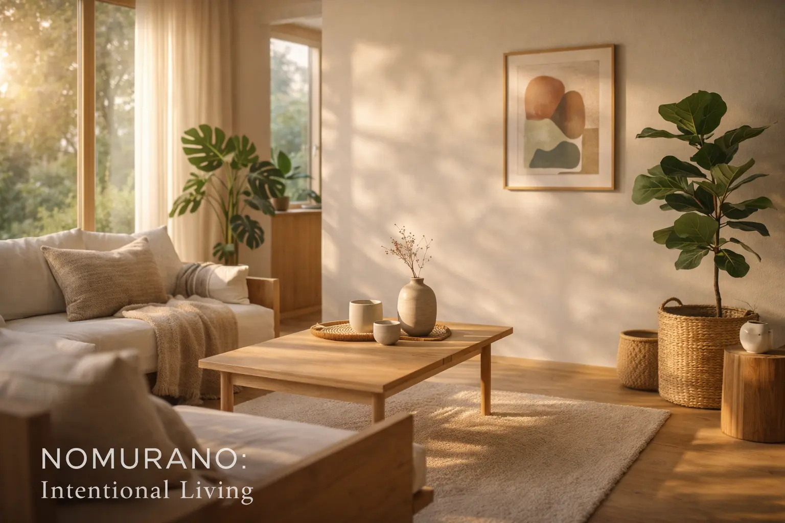 Nomurano concept visualization showing minimalist natural design with sustainable materials, organic textures, and harmonious living space integration
