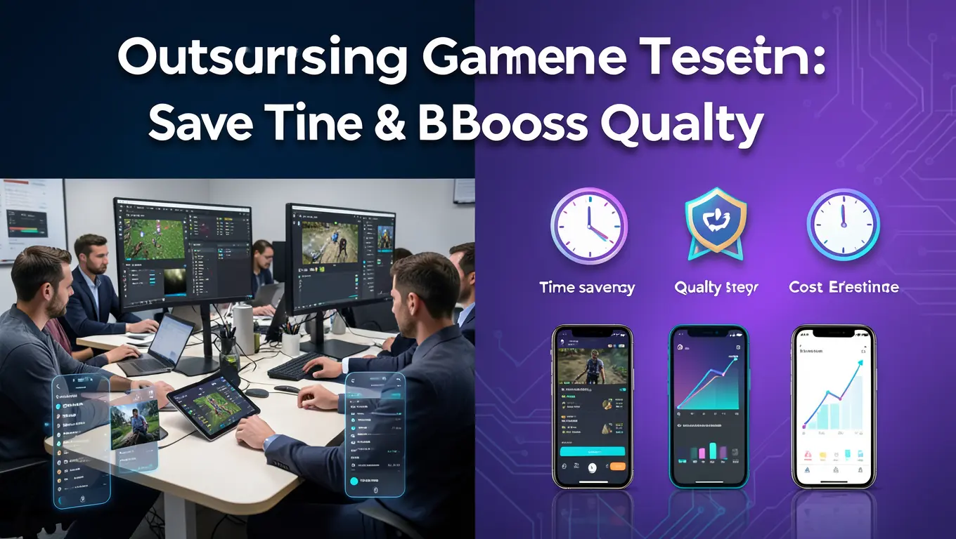 Mobile game testing services outsourcing benefits showing QA team analyzing gameplay bugs and performance metrics