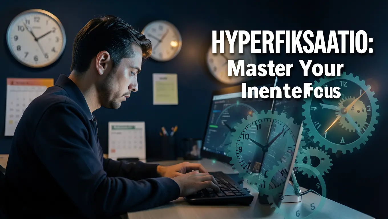 Person experiencing hyperfiksaatio with intense focus on computer screen surrounded by clocks and reminders showing time management strategies