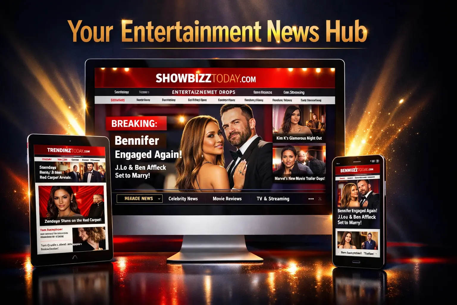 Showbizztoday.com homepage displaying celebrity news, entertainment updates, and Hollywood gossip content on multiple devices