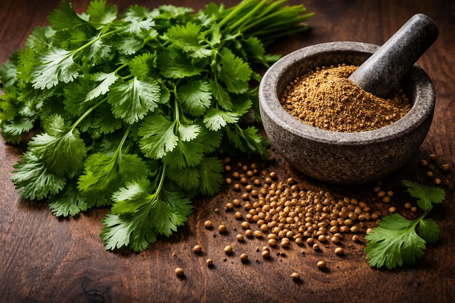Koriandri herb fresh green leaves and coriander seeds on wooden surface, culinary herb guide