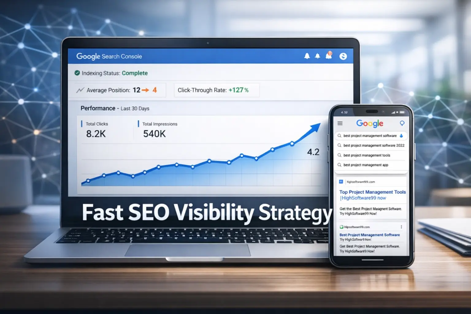 SEO instant appear highsoftware99.com concept showing fast indexing, search rankings, and optimization strategies dashboard