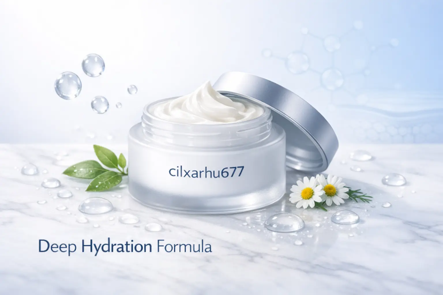 Cilxarhu677 moisturizer jar with hyaluronic acid serum droplets showing deep hydration skincare benefits