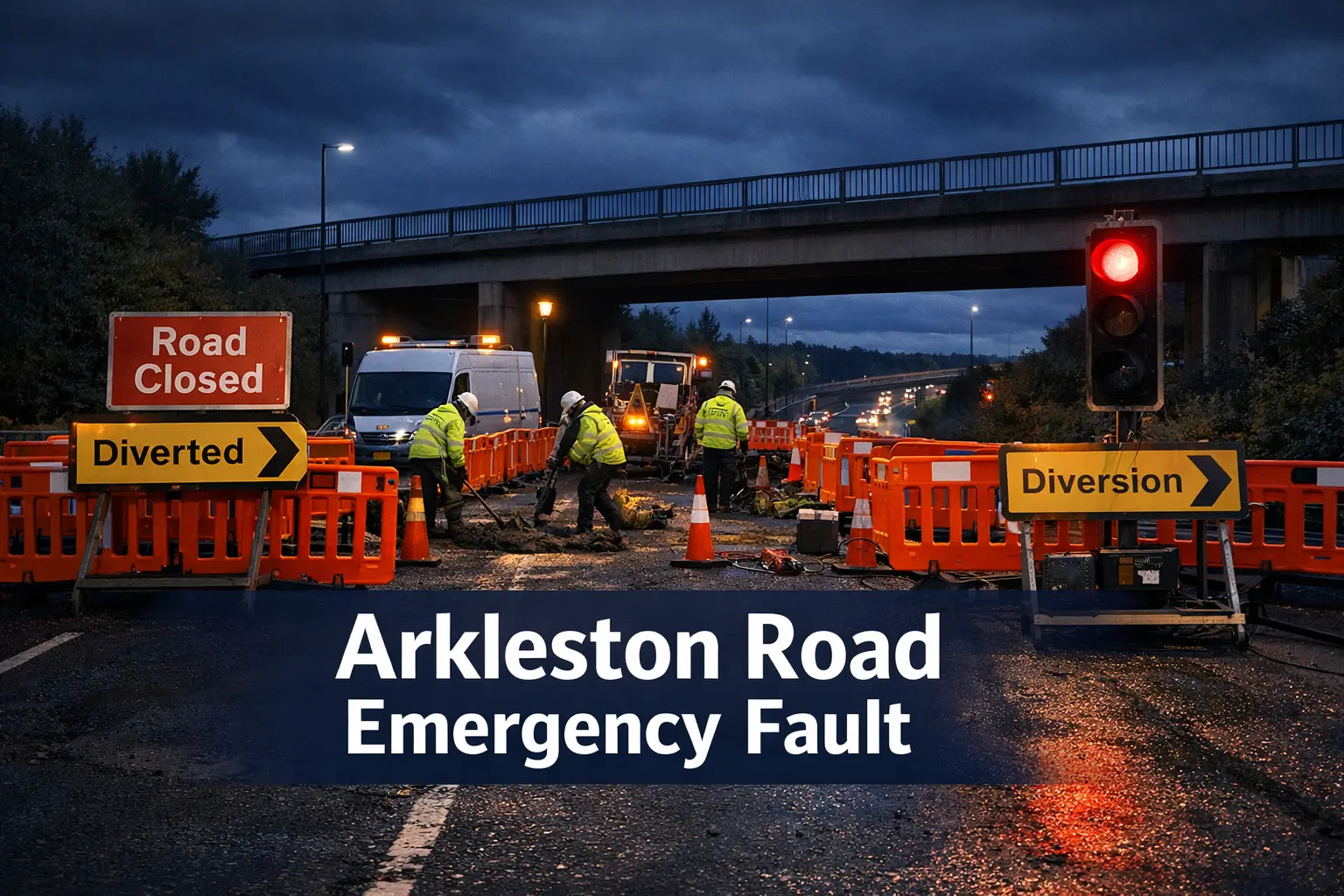 Arkleston Road Renfrew emergency fault road closure with traffic diversion signs and repair crew on site in Renfrewshire Scotland