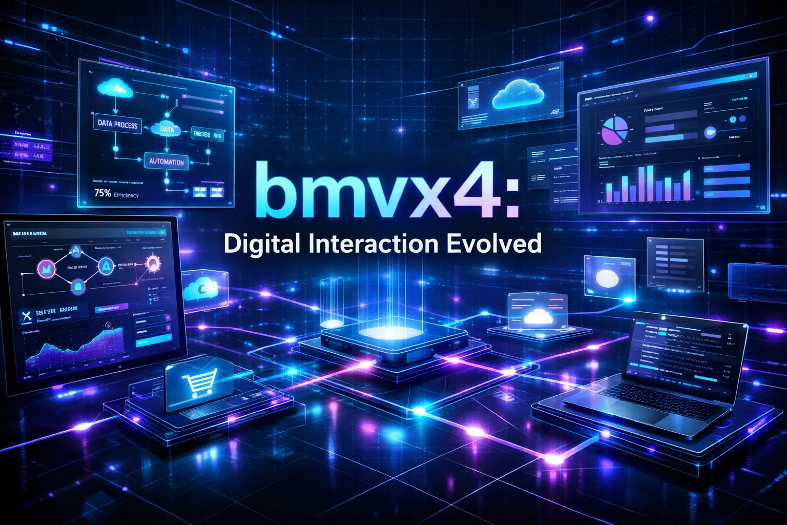 bmvx4 digital interaction system with futuristic interface, automation workflow visuals, and connected platforms in dark theme
