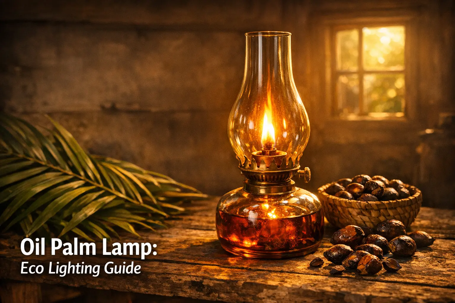 Oil palm lamp glowing warmly in a rural off-grid home, illustrating sustainable agricultural waste lighting