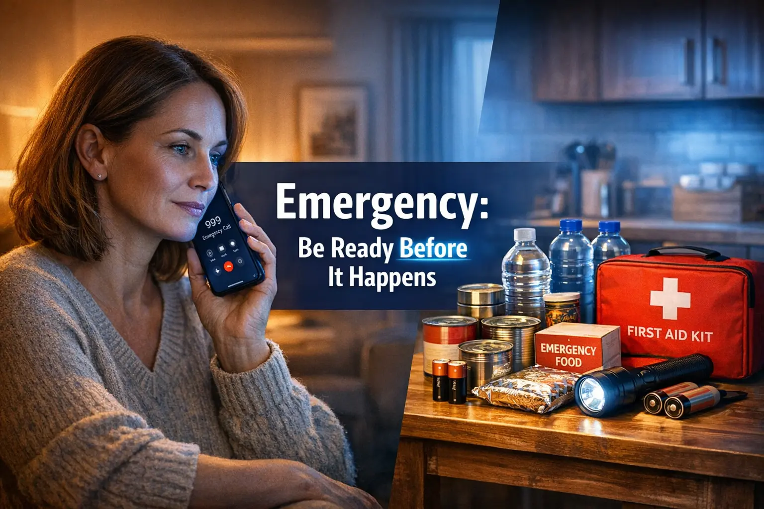 Ểmgency preparedness guide for UK residents showing 999 call and emergency kit on kitchen counter