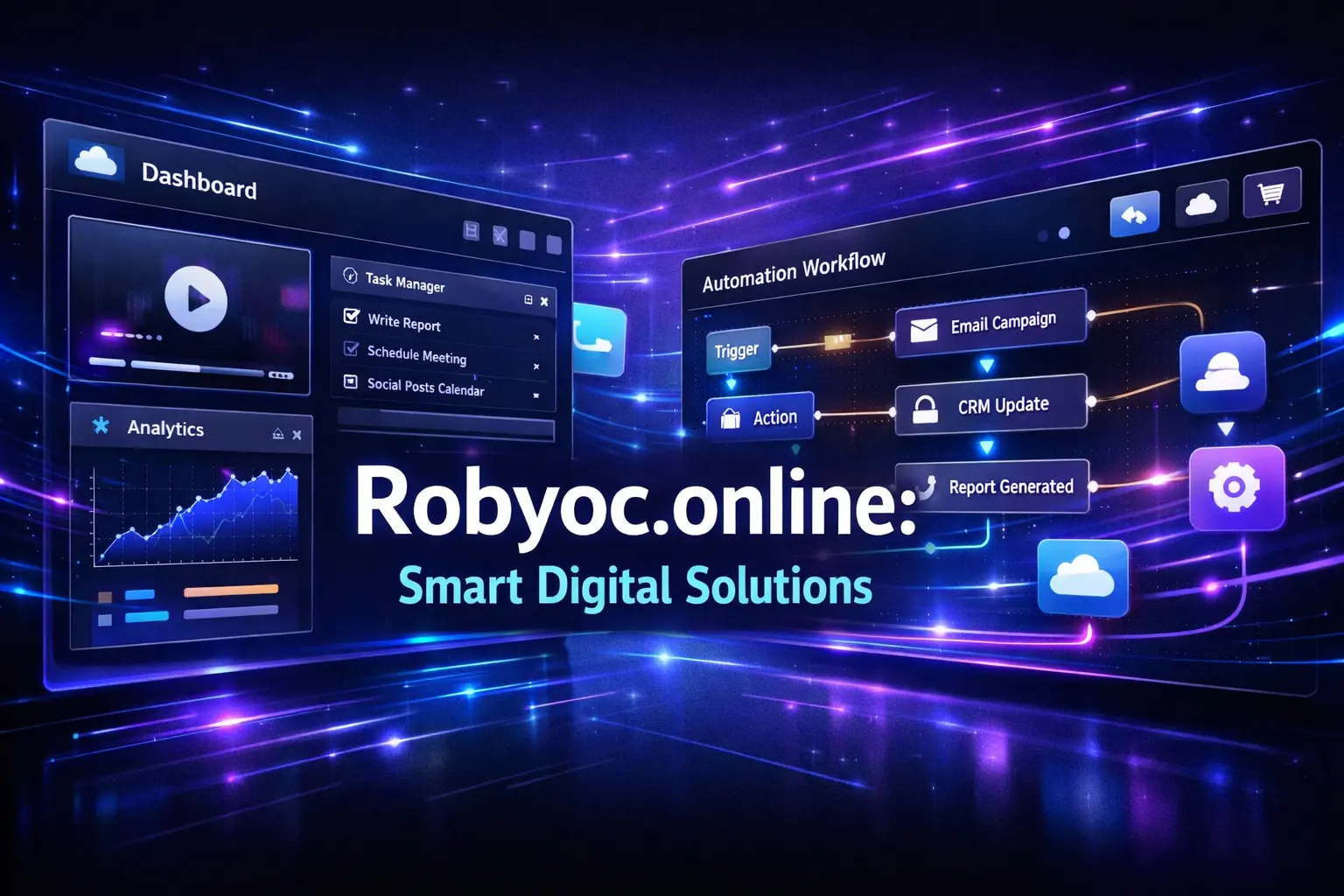 Robyoc.online dashboard showing integrated digital tools, automation workflow panels, and modern productivity interface design