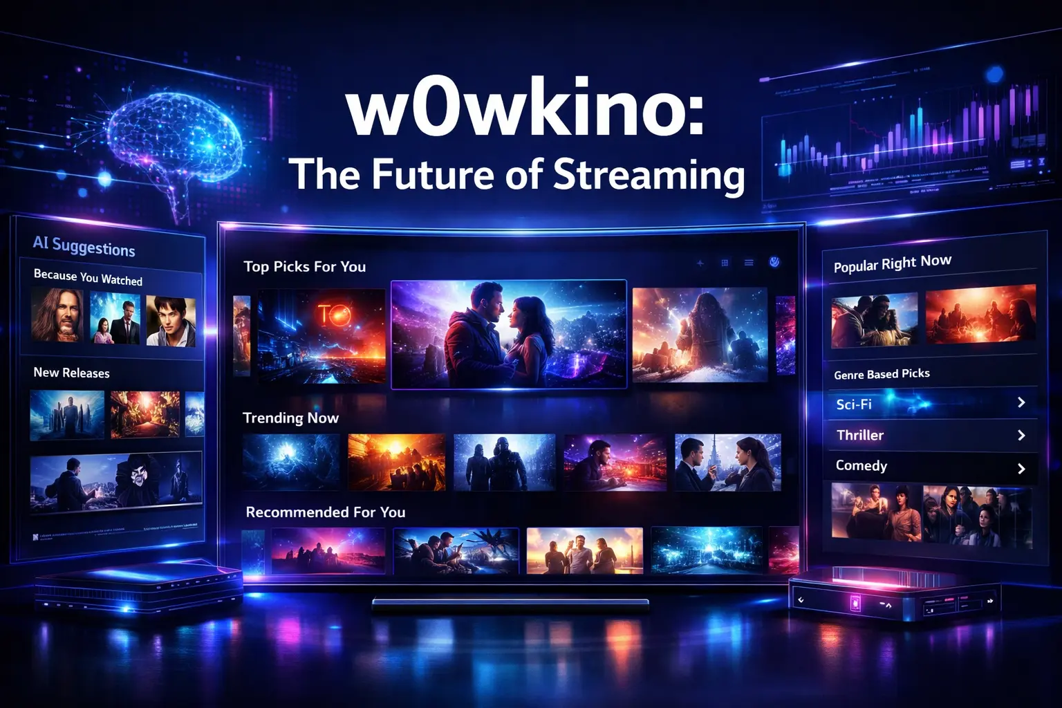 w0wkino concept showing personalized streaming interface with AI-driven recommendations and modern digital content layout