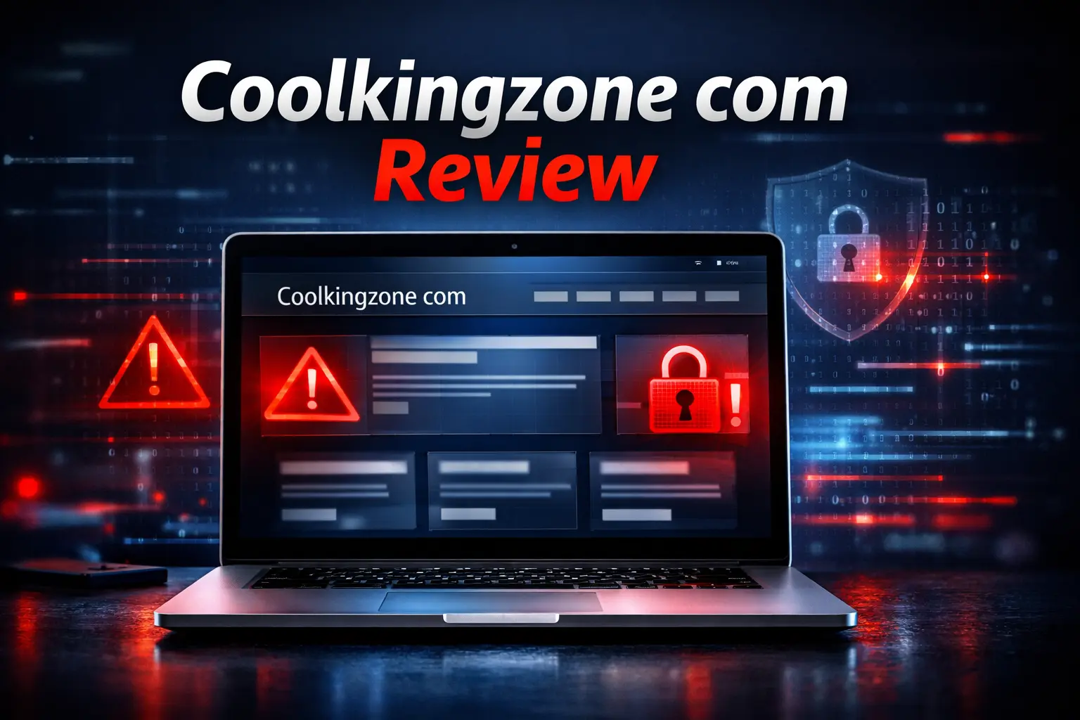 Coolkingzone com website interface shown on modern laptop with warning indicators and digital security theme background